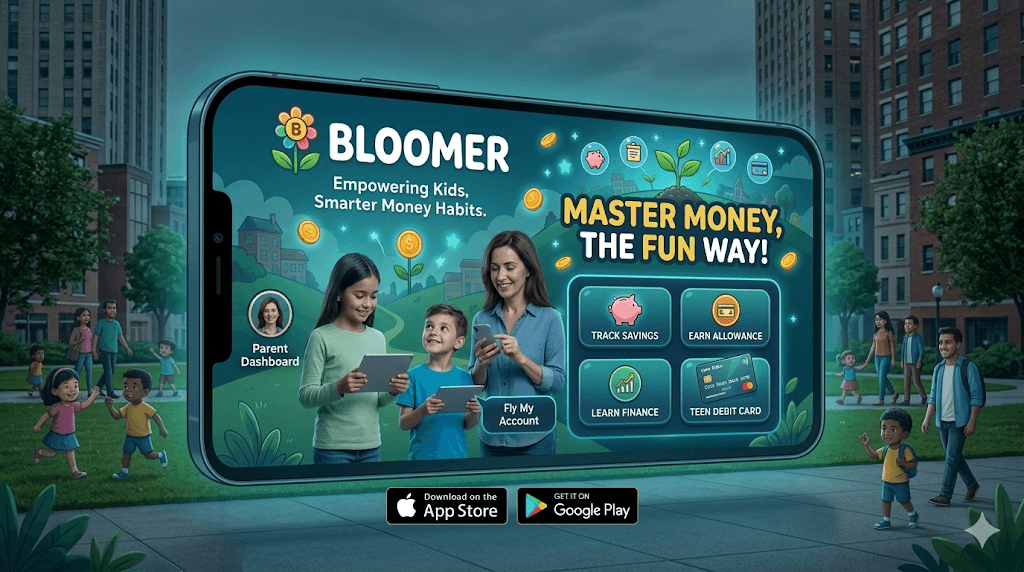 Bloomer kids finance app screens on mobile devices