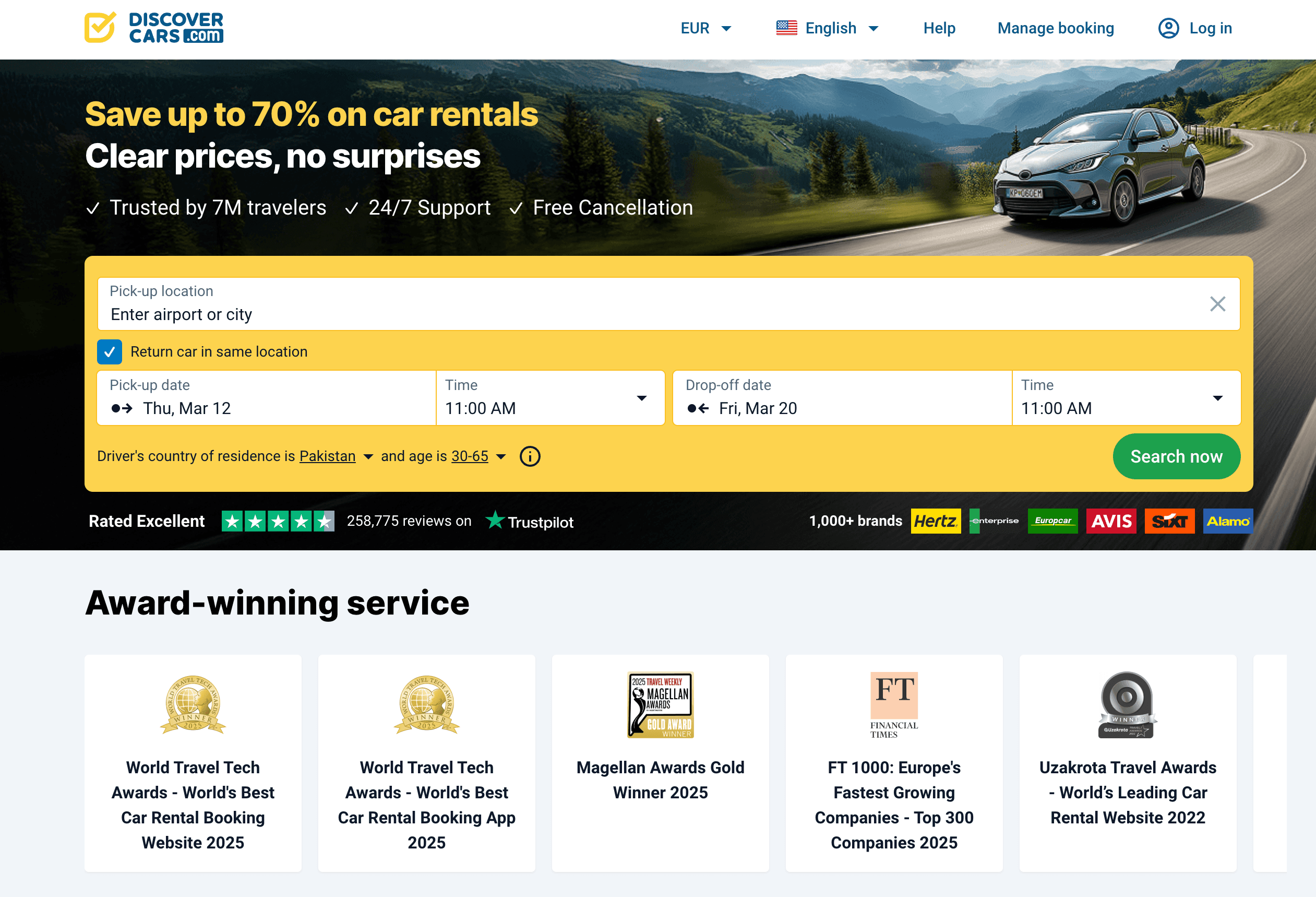 Global rental car search and booking interface